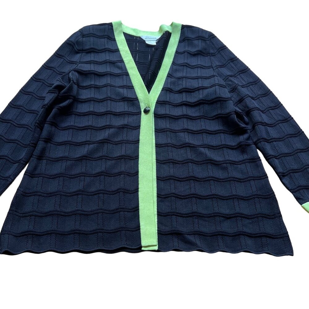 Exclusively Misook Size L Black W Green Trim Pontelle Open Cardigan Sweater